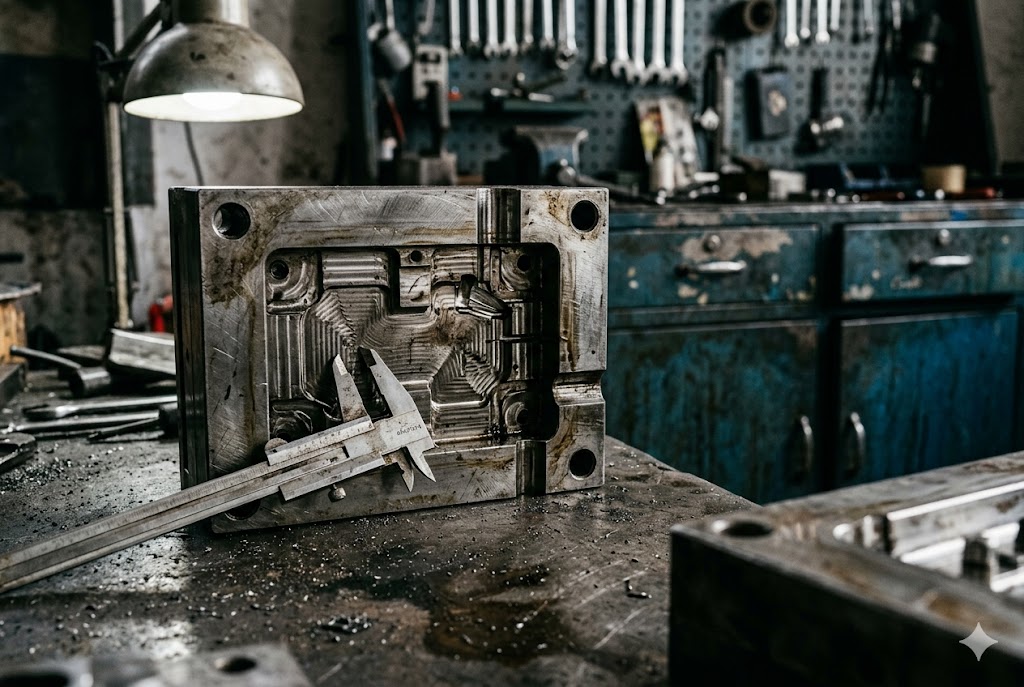 Precision metal injection mold with caliper on workshop bench (ID#1)