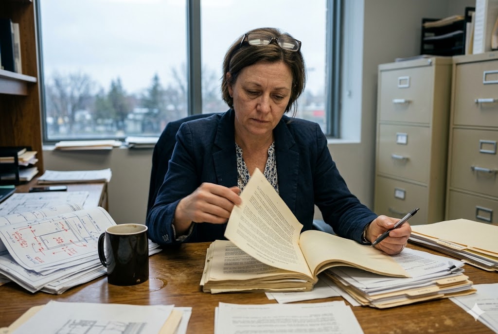 Purchasing manager reviewing technical drawings and supplier documents at desk (ID#1)