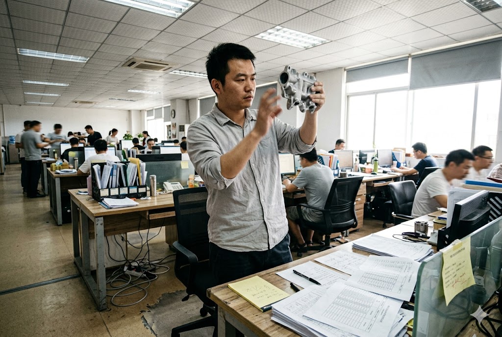Luckym engineer inspecting custom mechanical part in China office (ID#1)