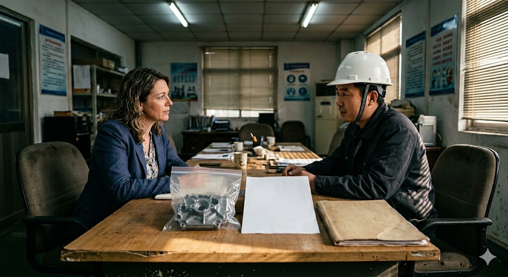 Foreign buyer meeting Chinese factory engineer reviewing custom mechanical parts (ID#1)