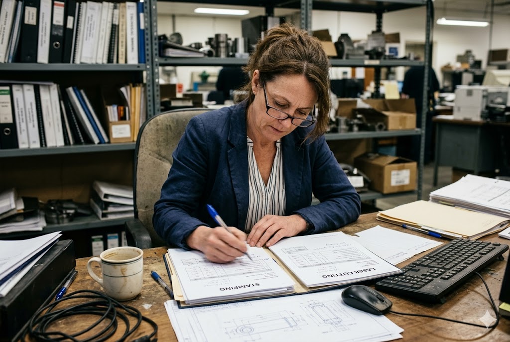 Purchasing manager reviewing custom mechanical parts stamping and laser cutting drawings (ID#1)