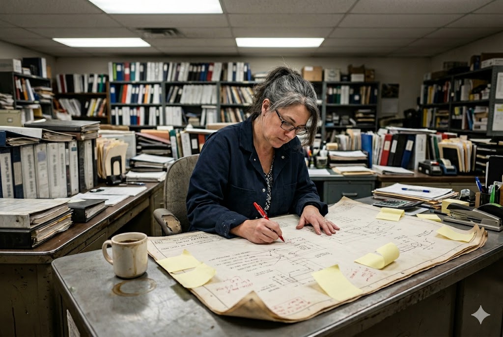 Purchasing manager reviewing custom mechanical parts engineering drawings at desk (ID#1)