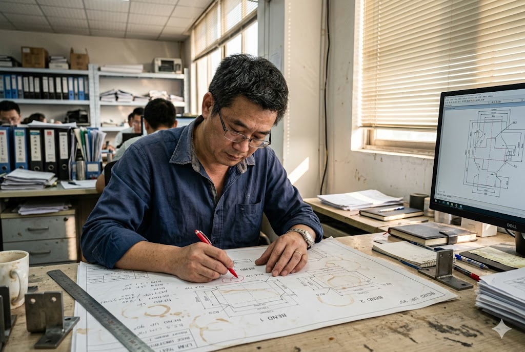 Chinese engineer reviewing custom mechanical part drawings at office desk (ID#1)