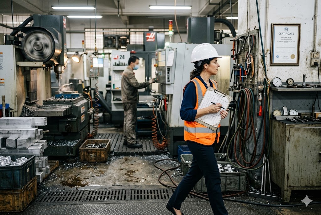 Quality inspector walking through ISO-certified CNC machining factory floor (ID#1)