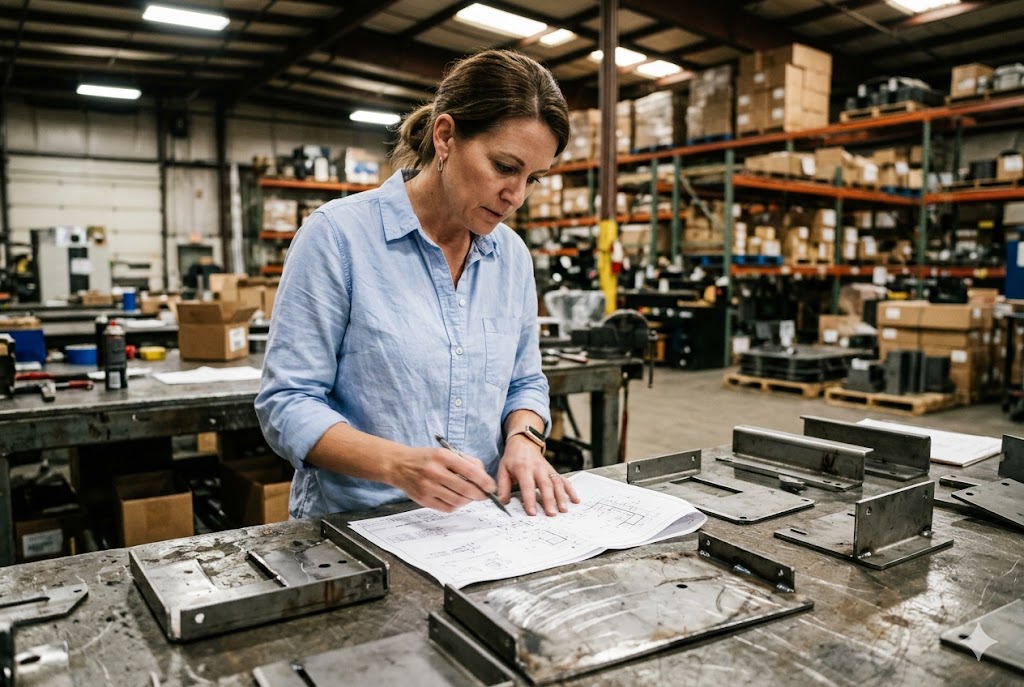 Purchasing manager reviewing custom mechanical parts drawings in warehouse (ID#1)