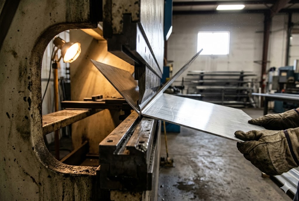 Worker bending metal sheet on press brake machine in factory (ID#1)