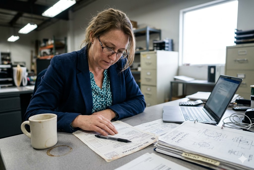 Purchasing manager reviewing mechanical parts drawings and mill test certificates at desk (ID#1)
