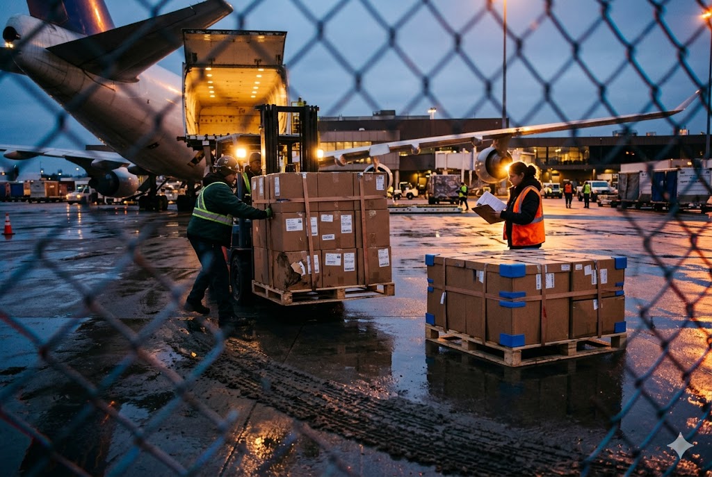 Air freight workers unloading cargo pallets at airport for global parts export (ID#1)