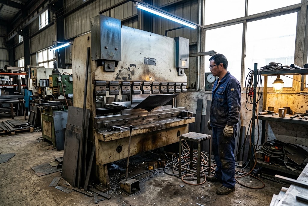 Worker operating industrial press brake machine in China manufacturing workshop (ID#1)