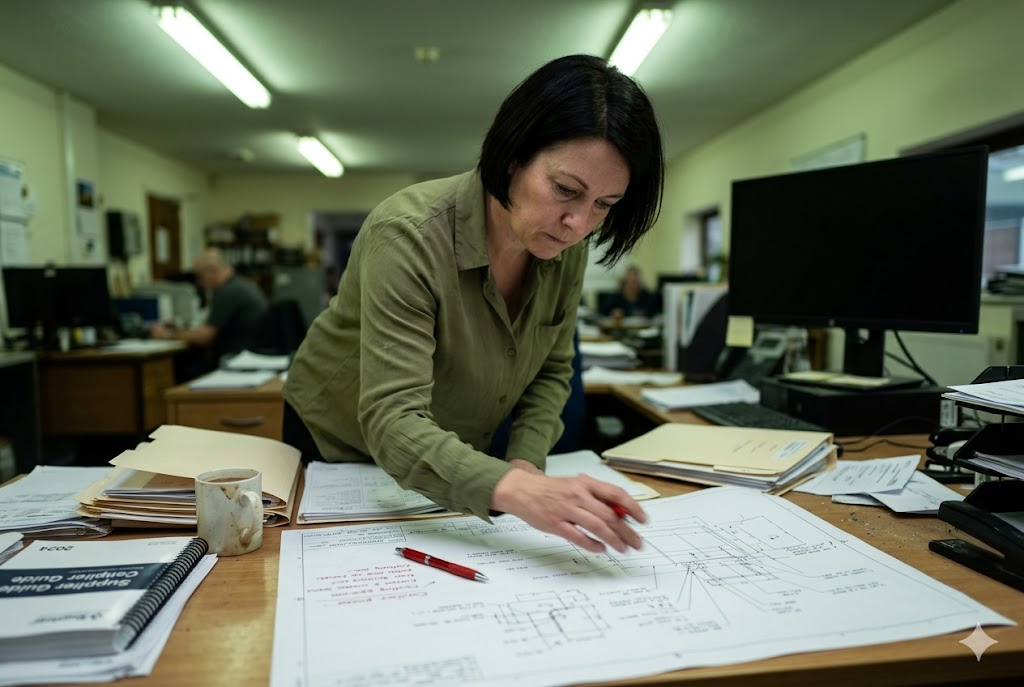 Purchasing manager reviewing technical engineering drawings at office desk (ID#1)