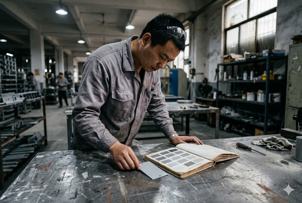 Factory technician reviewing material specifications at workshop workbench (ID#1)