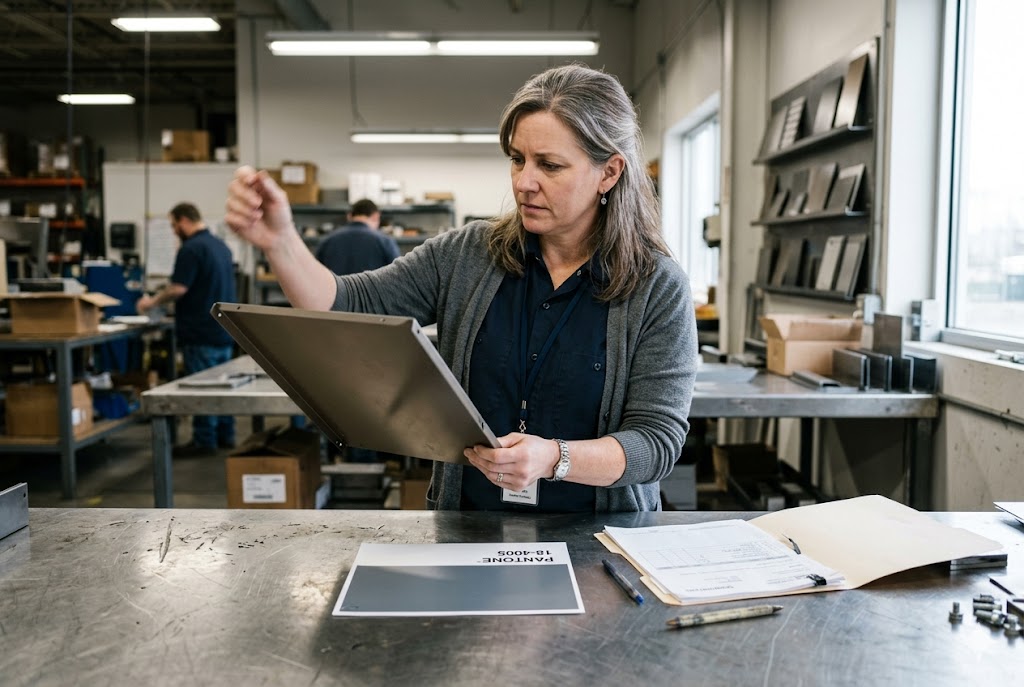 Purchasing manager inspecting custom metal part at factory workbench (ID#1)