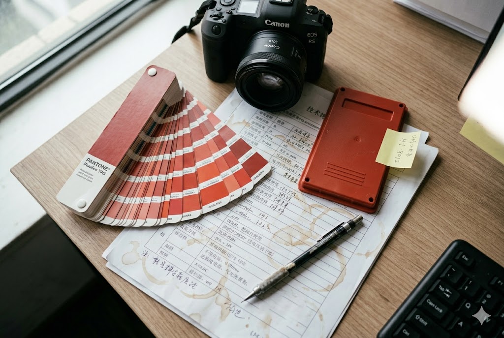 Quality control desk with Pantone swatches, technical spec sheet, and camera (ID#1)