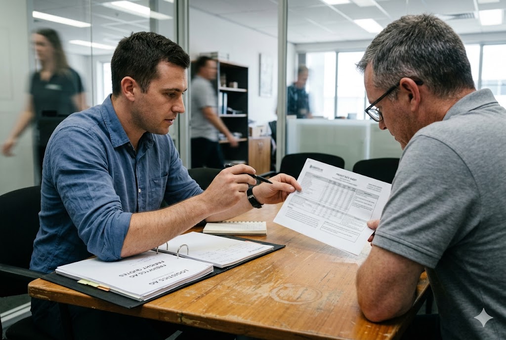 Supplier Quotation Review Two professionals reviewing freight rate sheet for custom mechanical parts sourcing (ID#2)
