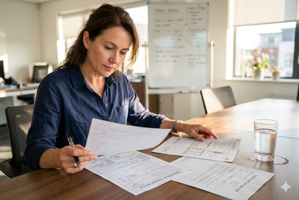 Supplier Contract Review Purchasing manager reviewing supplier contracts and documents at office desk (ID#2)