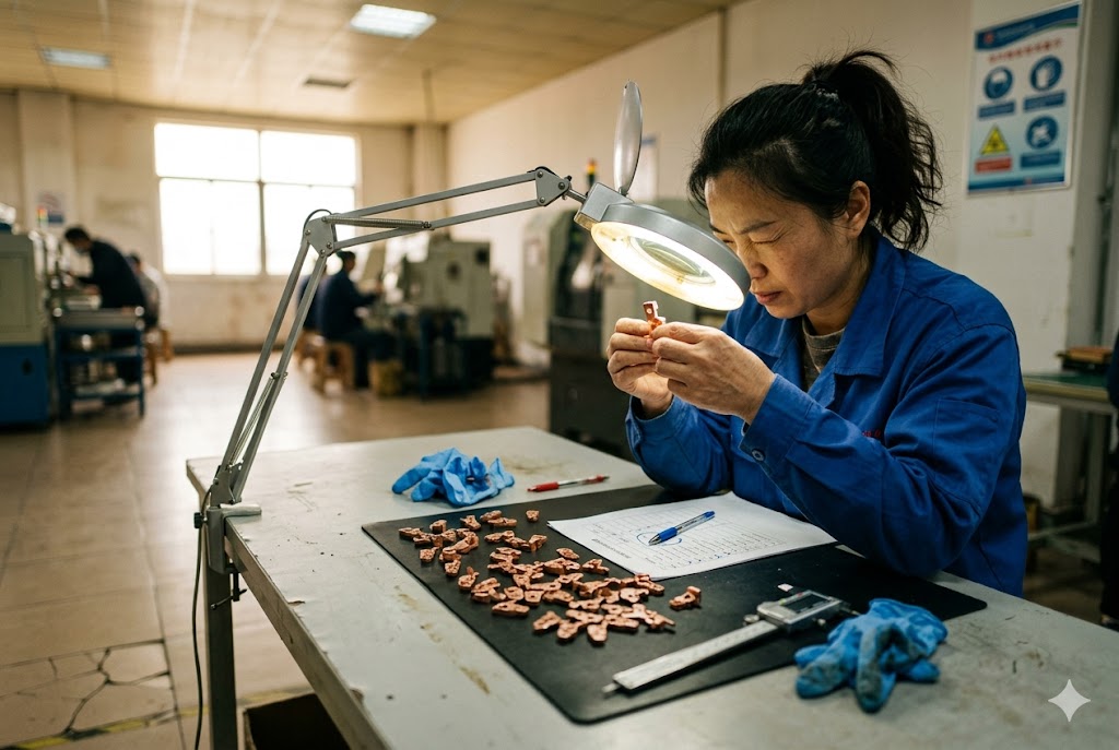 China Parts Quality Control Quality inspector examining custom copper mechanical parts under magnifier lamp in China factory (ID#2)