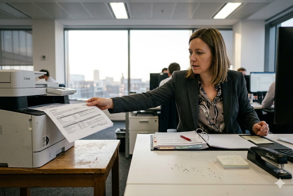 Procurement Manager at Work Purchasing manager reviewing procurement documents at modern office desk (ID#2)
