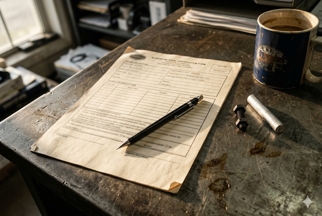 Parts Certification Documentation Material certification form with pencil and mechanical parts on workshop desk (ID#2)