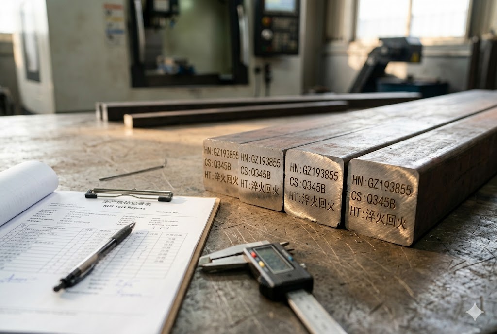 Steel Material Quality Control Q345B steel billets with mill test report and digital caliper for custom parts QC (ID#2)