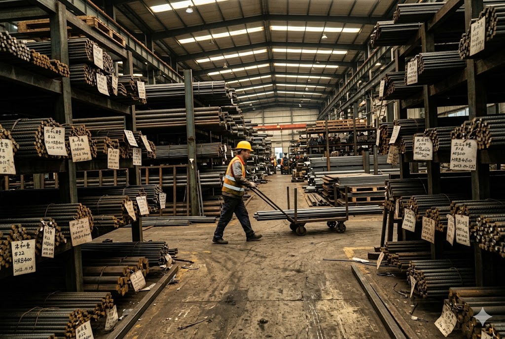 China Steel Parts Supplier Worker transporting labeled steel bar stock in Chinese parts warehouse (ID#2)