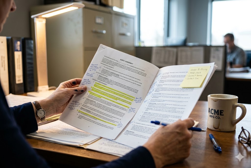 Supply Chain Contract Review Purchasing manager reviewing highlighted supply agreement for custom mechanical parts (ID#2)