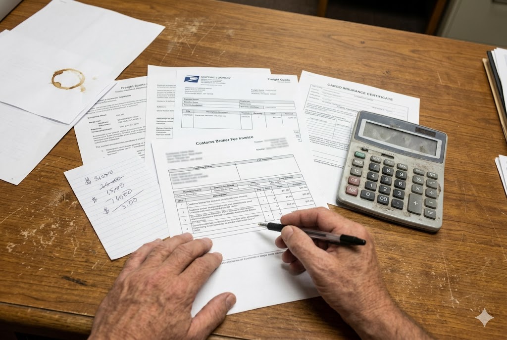 Import Export Trade Docs Customs broker fee invoice and cargo insurance documents on desk (ID#2)