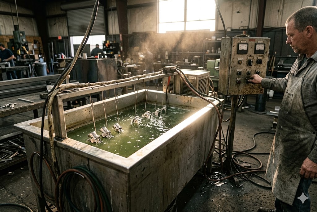 Surface Treatment Process Control Technician monitoring metal components in surface treatment bath at factory (ID#2)