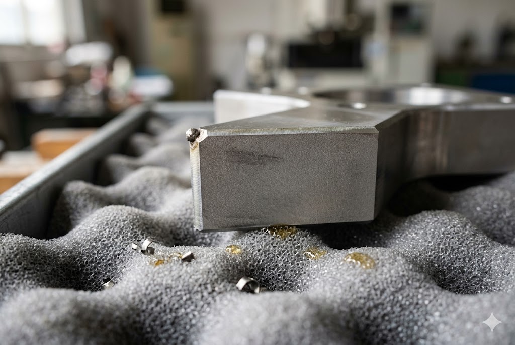 Custom Machined Steel Part Precision-machined custom steel block part resting on foam packaging in China factory (ID#2)