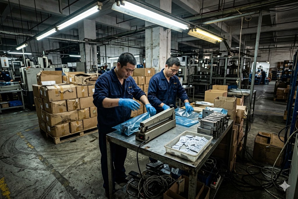 China Parts Packaging Factory workers packaging custom mechanical parts for B2B export shipment (ID#2)