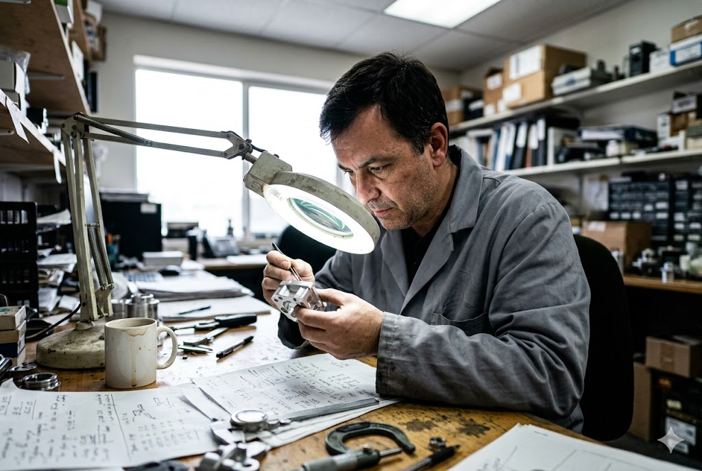 Precision Quality Inspection Quality inspector examining custom machined part under magnifying lamp (ID#2)