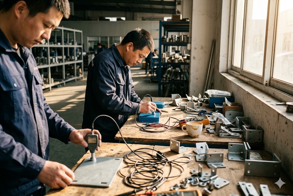 Custom Metal Parts Assembly Factory workers assembling custom mechanical parts and metal brackets in workshop (ID#2)