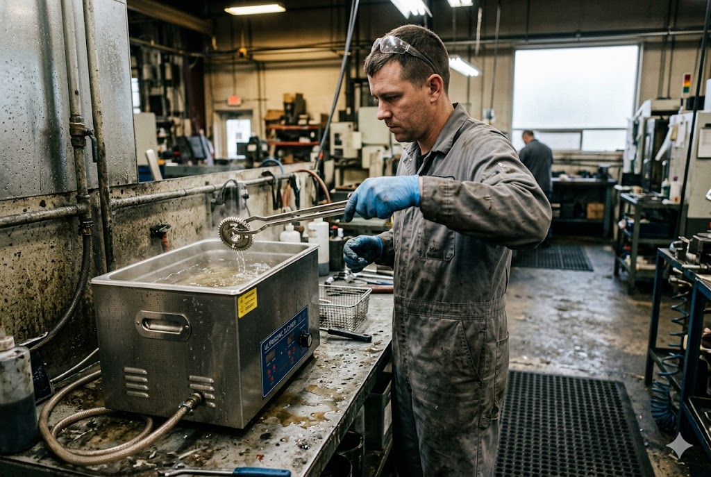 Precision Parts Cleaning Process Factory technician ultrasonically cleaning custom machined gear part in workshop (ID#2)