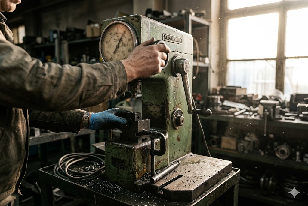 Mechanical Testing Quality Control Quality technician adjusting pressure gauge on testing machine equipment (ID#2)