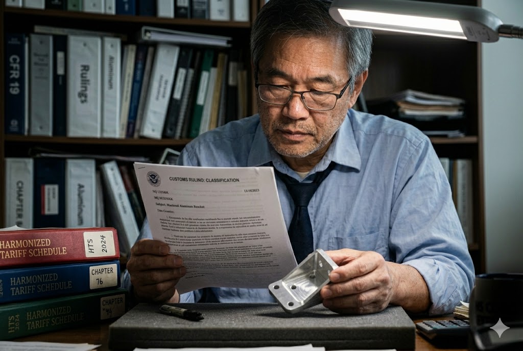 Tariff Classification Review Trade compliance specialist reviewing customs ruling for imported custom aluminum mechanical parts (ID#2)