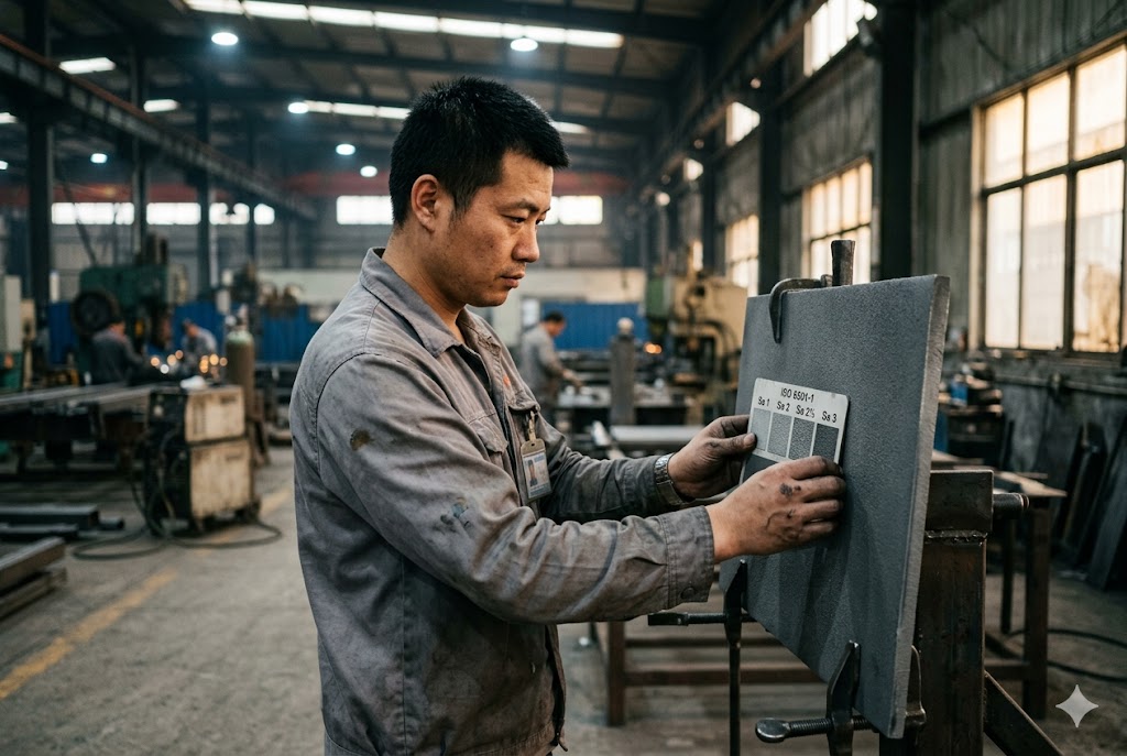 China Parts QC Inspection Chinese factory worker performing ISO surface roughness inspection on custom parts (ID#2)