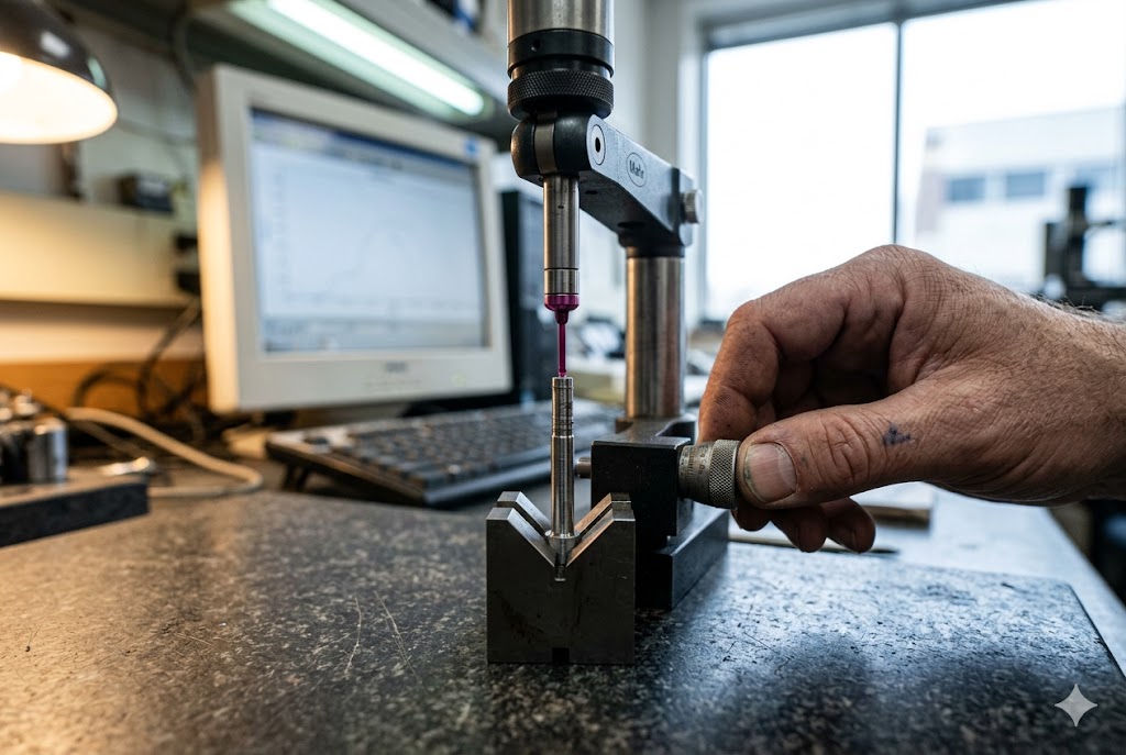 Precision Quality Inspection Precision measurement of custom machined component using height gauge (ID#2)