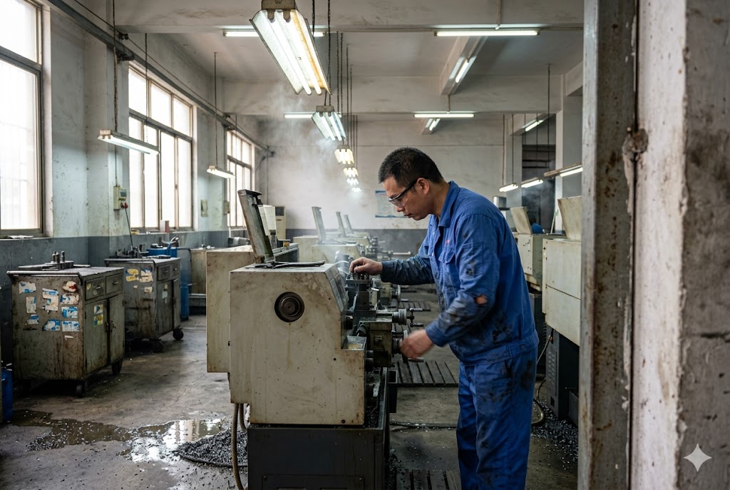 China CNC Parts Machining Chinese factory machinist operating CNC lathe for custom mechanical parts export (ID#2)