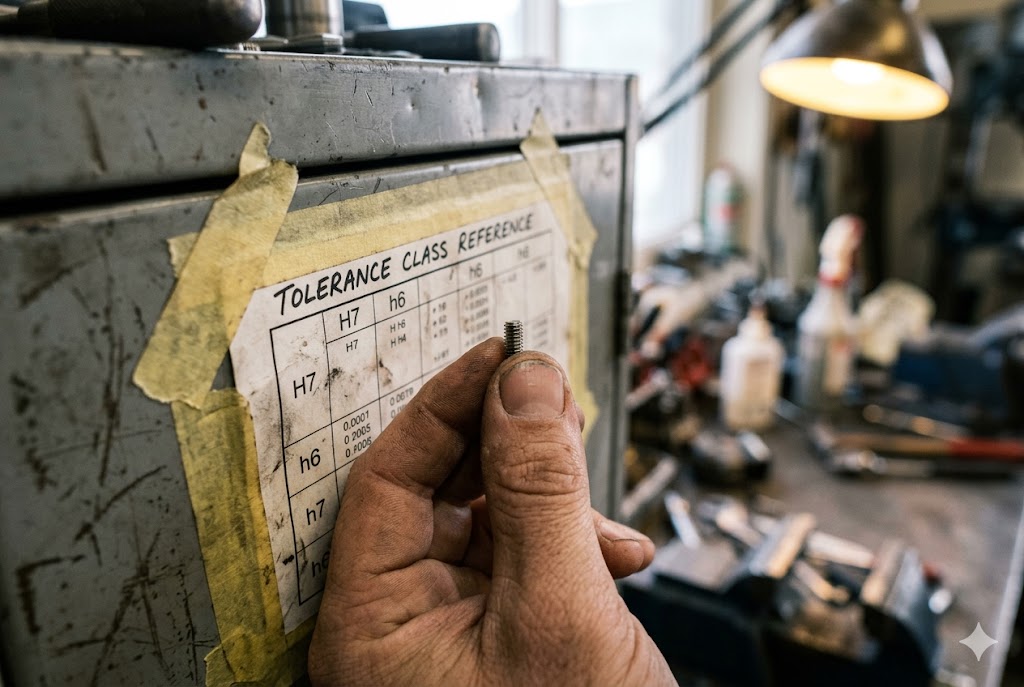 Thread Tolerance Inspection Worker checking screw thread tolerance against reference chart for quality control (ID#2)