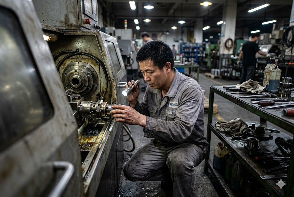 China CNC Parts Inspection Mechanic inspecting CNC lathe with flashlight custom parts factory China (ID#2)