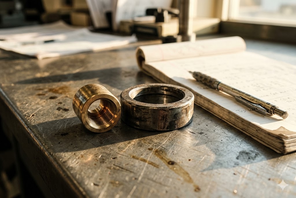 Custom Brass Parts Brass threaded fittings and ring on workbench with engineering notes (ID#2)