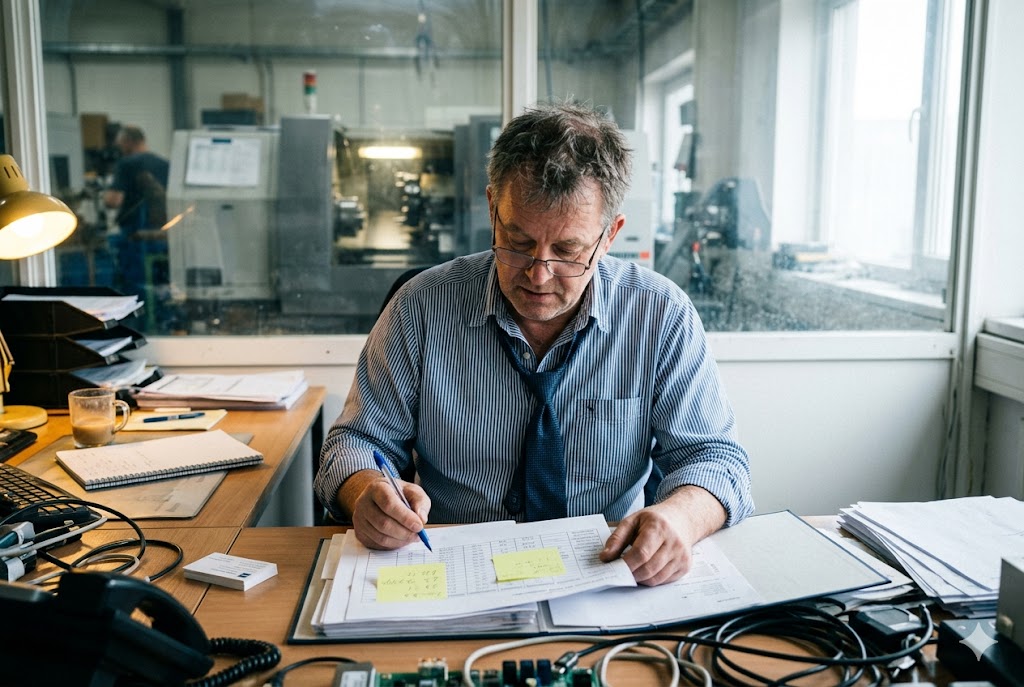 Parts Order Management Project manager reviewing custom mechanical parts order documents at factory office desk (ID#2)