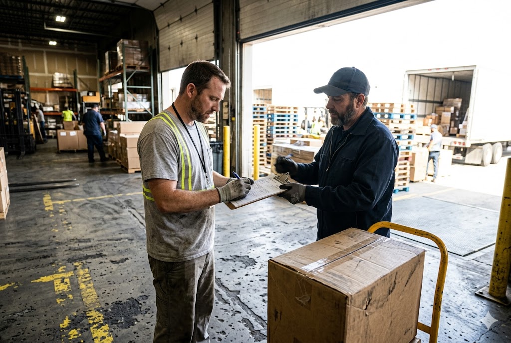 Parts Delivery Logistics Warehouse workers signing delivery documents for imported mechanical parts shipment (ID#2)