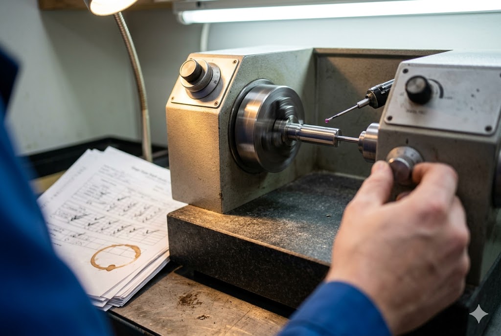 Precision Part Inspection Technician inspecting cylindrical metal part on precision gauge in workshop (ID#2)