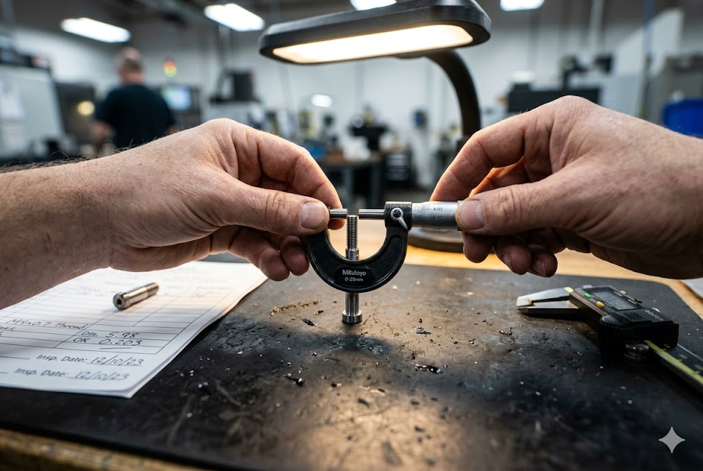 Precision Parts Quality Control Quality inspector measuring custom machined part diameter with Mitutoyo micrometer (ID#2)