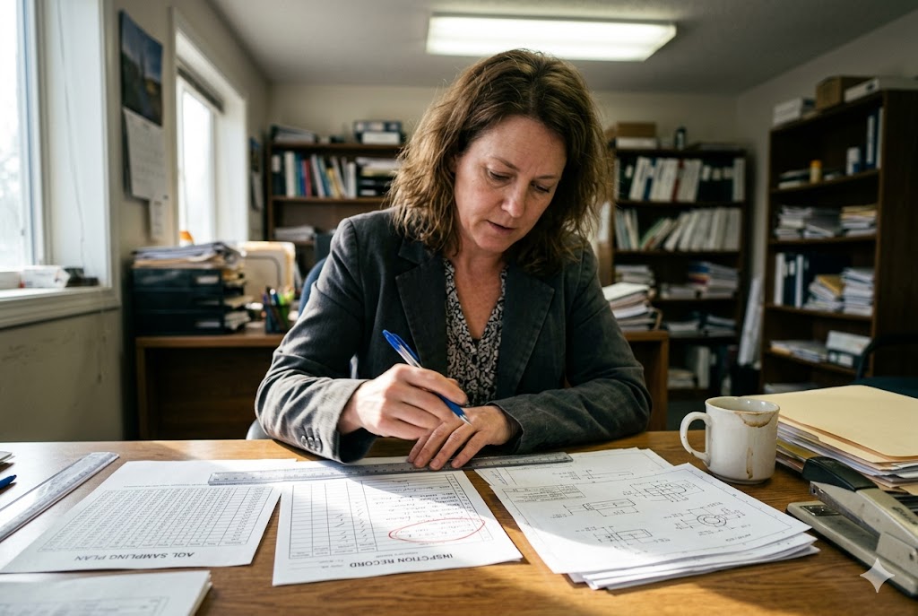 Purchasing Manager Reviews Specs US purchasing manager reviewing inspection records and engineering drawings at office desk (ID#2)