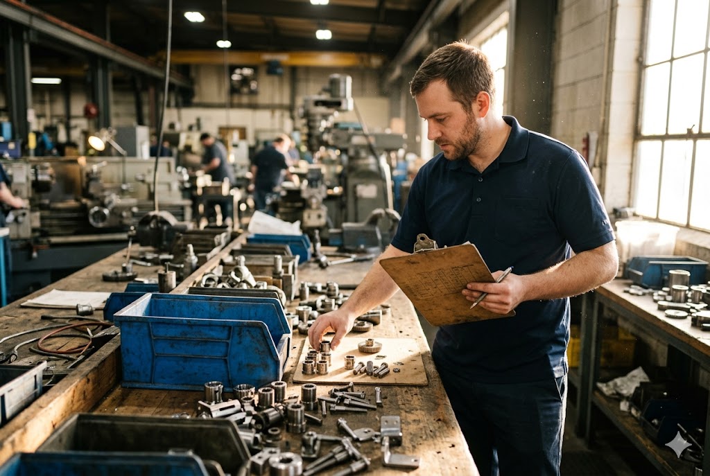 Factory Quality Inspection Quality inspector reviewing custom mechanical parts on factory production line (ID#2)