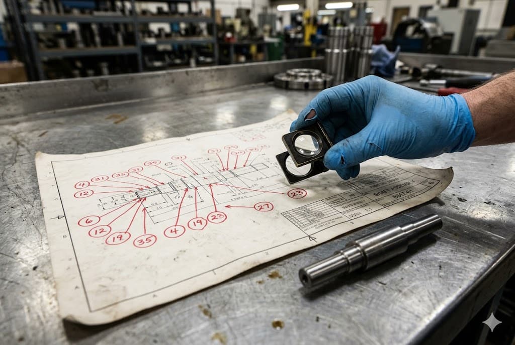 Precision Engineering Drawing Review Engineer inspecting shaft assembly technical drawing with magnifier in machining workshop (ID#2)