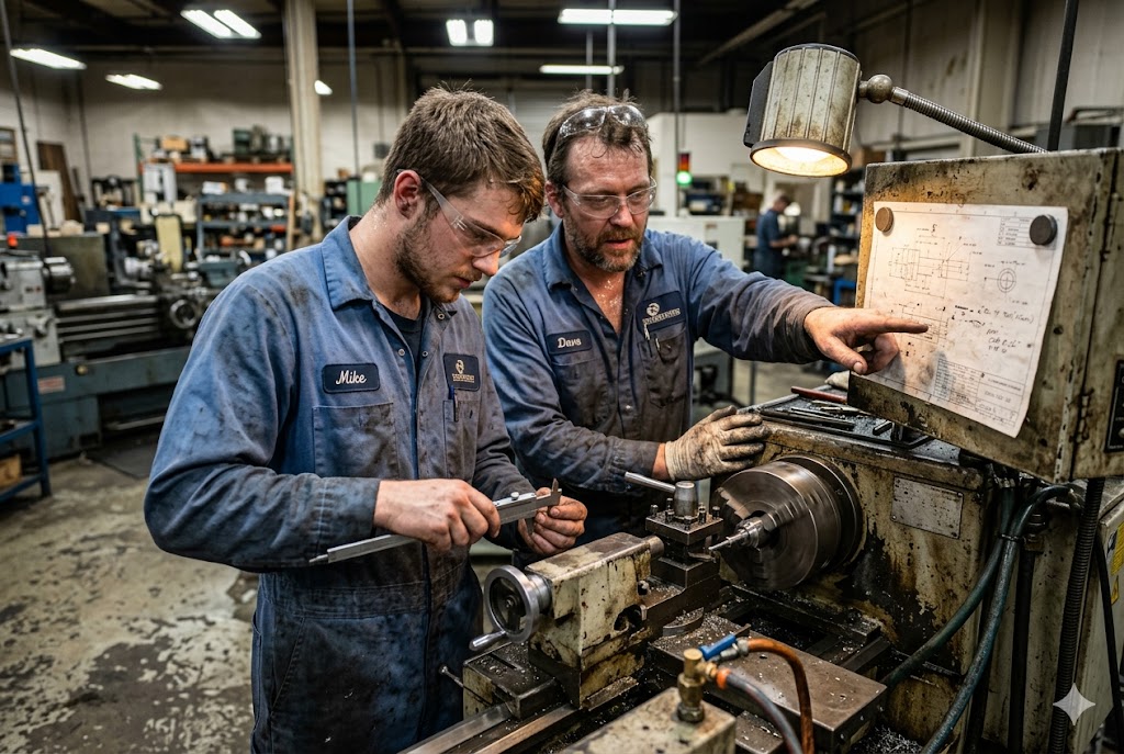 Custom Parts Machining Experts Two machinists reviewing engineering drawings at CNC lathe in factory (ID#2)