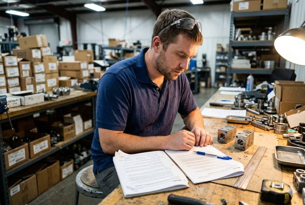 Parts Order Review Purchasing manager reviewing custom mechanical parts order documents in warehouse (ID#2)