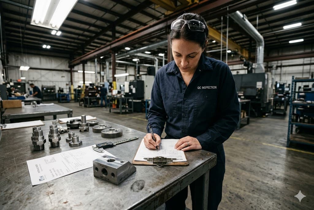 QC Inspection Factory Floor QC inspector documenting custom mechanical parts on factory floor clipboard (ID#2)